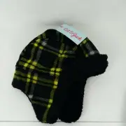 Cat & Jack Trapper Hat Boy's OSFM Black Lime Plaid Winter Outdoor Fleece