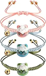 [Sureio] 3 Pieces Cat Maneki Neko Bracelet Cute Lucky Cat Ceramic Beads Bracelets Feng Shui Lucky Bracelet Japanese Fortune String Bracelet with Bell, Adjustable