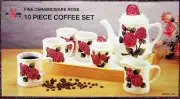 New Pink Rose 10 Piece Ceramic Coffee Set Roses Pot 4 Mugs Sugar Bowl Creamer