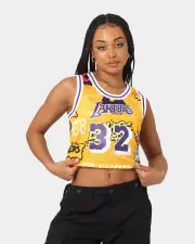 [MITCHELL & NESS] Mitchell & Ness Women's Magic Johnson Los Angeles Lakers Slap Sticker Crop Tank Yellow - Size 16 (2XL) 16 (2XL) Yellow