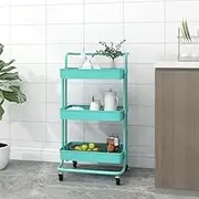 3-Tier Turquoise Kitchen Trolley 42x35x85 cm - Rolling Storage Cart with Wheels & Handle, Iron & ABS Metal Design - Utility Organizer for Kitchen, Bathroom & Office Supplies