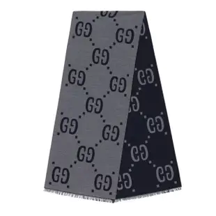 【GUCCI 古馳】495592 經典GG大LOGO雙色羊毛圍巾/披巾(灰色)