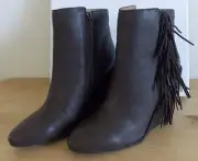 NIB See by Chloe Leather Epona Fringe Wedge Ankle Boot Dark Brown Size 38 $410