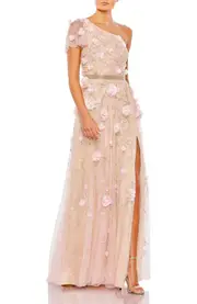 Mac Duggal Floral Embellished One Shoulder A Line Gown in Blush Gold at Nordstrom, Size 16