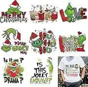 9 Pcs Christmas Iron on Decals Transfer Heat Transfer Design Sticker Iron on Vinyl Patches,Cartoon Christmas Grinch HTV Iron on Transfer Paper for Clothing Hat Pillow Backpack DIY Craft Supplies