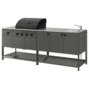 BÅTSKÄR outdoor kitchen w gas bbq+sink unit, dark grey, 240x60 cm