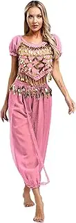 [TiaoBug] Women's Belly Dance Costume Puff Short Sleeve Crop Top Harem Pants Dance 2 Pieces Outfit Halloween