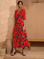 Love & Roses Red Animal V-Neck Ruched Sleeve Midi Dress (F02280) | $150