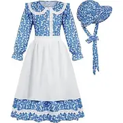 1910s 19th Century 1800s Prairie Dress Bonnet and Apron Set Pioneer Girl Floral Girls' Halloween Carnival World Book Day School Event Dress Up Historical reena