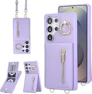 Jcxtrombulous Case for Galaxy S25 Ultra, Shockproof Mobile Phone Case with Adjustable Necklace, RFID Zip, Wallet Case with Card Slot with Strap, Ring, Stand Case for Women, Purple