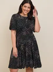 Torrid Black Daisies Mini Super Soft Balloon Sleeve Aline Dress Plus Size 1X NWT