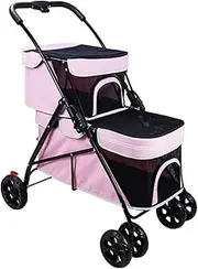Two-Layer Cat Strollers for 2 Cats, Double Layer Dog Stroller for 2 Dogs, Pet Cat Stroller Foldable Carrier Strolling Cart Dog Prams Pushchairs for Cat, Dog and More(Pink)