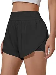 [Generic] Womens Running Shorts High Waisted Side Pocket Athletic Shorts High Side Slit 2 in 1 Gym Shorts