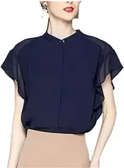 [Generic] Women Elegant Summer Chiffon Shirt Navy Blue Temperament Pullover Ruffles Office Blouses