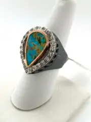 Artisan Modernist Blue Turquoise & Rhinestone Sterling Silver Ring Sz 8.75