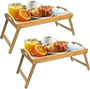 WRONWA 2 Pack Bed Tray Tables for Eating, 20 x 12 Inch Large Bamboo Breakfast Tray with Folding Legs and Handles, Portable Serving Tray for Bed Sofa