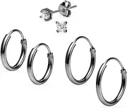 [Silverline Jewelry] 3 Pairs Sterling Silver Earrings Set for Women Girls 10mm 12mm Endless Hoops & 3mm Round CZ Stud Design