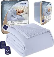 [Thermee] Micro Flannel Queen-Size Heated Electric Blanket with Sherpa, Machine Wash & Dry, Timer & Safety Shutoff, 90Lx84W, English Blue
