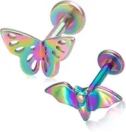 HONGTU implant 2pcs Helix Piercing Jewelry,Cute Butterfly and Bat Internally Threaded Tragus Cartilage Helix Studs Lobe Earrings,316L Surgical Steel Silver Flat Back Lip Rings for Unisex.