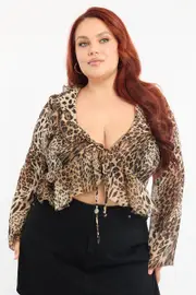 Brown Animal Print Chiffon Frill Bolero Jacket