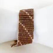 Handmade cuff bracelet loom seed beads bronze goldtone by Pat2 sz 7 to 8.5