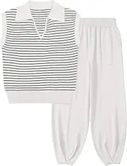 [UEU] Women's 2 Piece Outfits 2025 Summer Striped Knit Sweater Vest Top & Pants Casual Travel Matching Trendy Lounge Sets