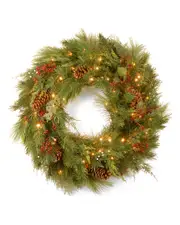 National Tree Company 30in White Pine Wreath with Pine Cones and 100 Soft Lights