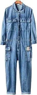 [Bciopll] Jeans Overalls Men Denim Jumpsuits Long Sleeve Lapel Multi Pocket Retro Loose Street Hip Hop Workwear Pants Blue Trousers