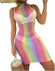 [Generic] Lingerie Bodysuit Rainbow Mesh Lingerie Women Strapless Mini Dress Hollow Out Strapless Hollow Sleepwear