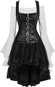 [Hengzhifeng] Steampunk Corset Carnival Costumes Womens Shoulder Strap Bustiers with Skirt and Pirate Blouse Set