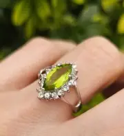 2.25 Ct Marquis Cut Natural Peridot Diamond Proposal Ring 14K solid White gold