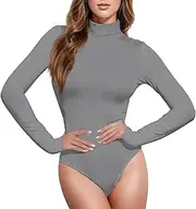[Caihoyu] Gray Neutral Solid Color Pure Plain long sleeve Tank Top Body Suits Women Tummy Control Shapewear Cute Going Out Tops for Women Mock Turtle Neck, Color 2