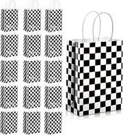 16 Pieces Checkered Racing Treat Bags Race Car Party Favors Bag with Handles Black and White Checkered Racing Flag Candy Bags Goodie Bags for Race Car Themed Birthday Party Supplies