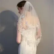 2 Tier Lace Wedding Veils for Brides Short Waist Length Bridal Veil with Comb for Brides(Ivory)