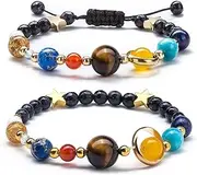 Atelierate Women Solar System Bracelet Universe Galaxy The Eight Planets Guardian Star Natural Stone Beads Bracelet Bangle for Men, 2 Pcs Set