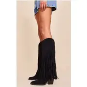 Black Faux Suede Point Toe Fringed Heel Knee High Western Boots, Black