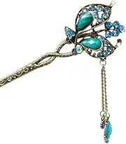 Honbay Chinese Style Retro Tassel Blue Butterfly Hair Stick Hair Chopsticks Hairpin Chignon Pin