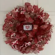 VALENTINE’S DAY RIBBON WREATH HEARTS, RED, GOLD MESH RED HEART LOVE YOU SIGN