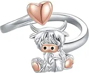 [Maciun] Highland Cow Ring Heart Shaped Moonstone Adjustable Jewellery for Women Girls - Unisex Pen Ring