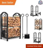 Elegant Wrought Iron Log Rack with Fireplace Tools - Deluxe Firewood Storage Kit