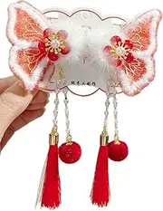 [OrcoW] Headdress Han Ethnic Clothing Antique Hair Accessories New Year Clothes Barrette Butterfly Festive Year Tassel Tang Suit, 2 Pairs, Red