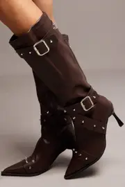 Brown Studded Strap Heeled Knee Boots - Size 8, Women's Shoes