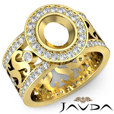 Halo Pave Set Diamond Engagement Huge Ring 14k Yellow Gold Oval Semi Mount 1.3Ct