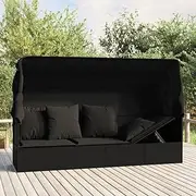 Outdoor Lounge Bed, Garden Day Bed Sun Lounger Chaise Lounge Outdoor Lounge Bed with Roof and Cushions Black Poly Rattan