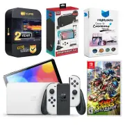 Nintendo Switch White OLED + Mario Strikers: Battle League + Accessory Gamer Kit