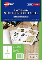 Avery Glossy Photo Quality Multi-Purpose Labels for Laser Printers, 99.1 x 139 mm, 100 Labels (959769 / L7769)