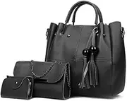 [Tangyongjiao] Luggage & Bags 3 in 1 Casual PU Shoulder Bag Ladies Handbag Messenger Bag with Bear Tassel (Black) (Color : Black)
