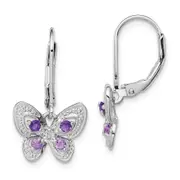 Sterling Silver RH Plated Amethyst Pink Quartz and Dia Butterfly Earrings