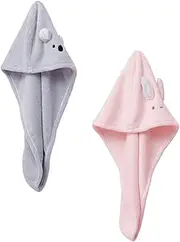 HONITANO 2pcs Cartoon Animal Hair Drying Cap Fast Absorption Coral Fleece Wraps for Quick Drying Lightweight Portable Dry Hair Towel