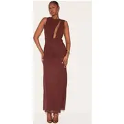Chocolate Chiffon Keyhole Ruched Detail Maxi Dress, Chocolate